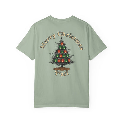 Light green t-shirt with a Christmas tree design and text on the back against a white background