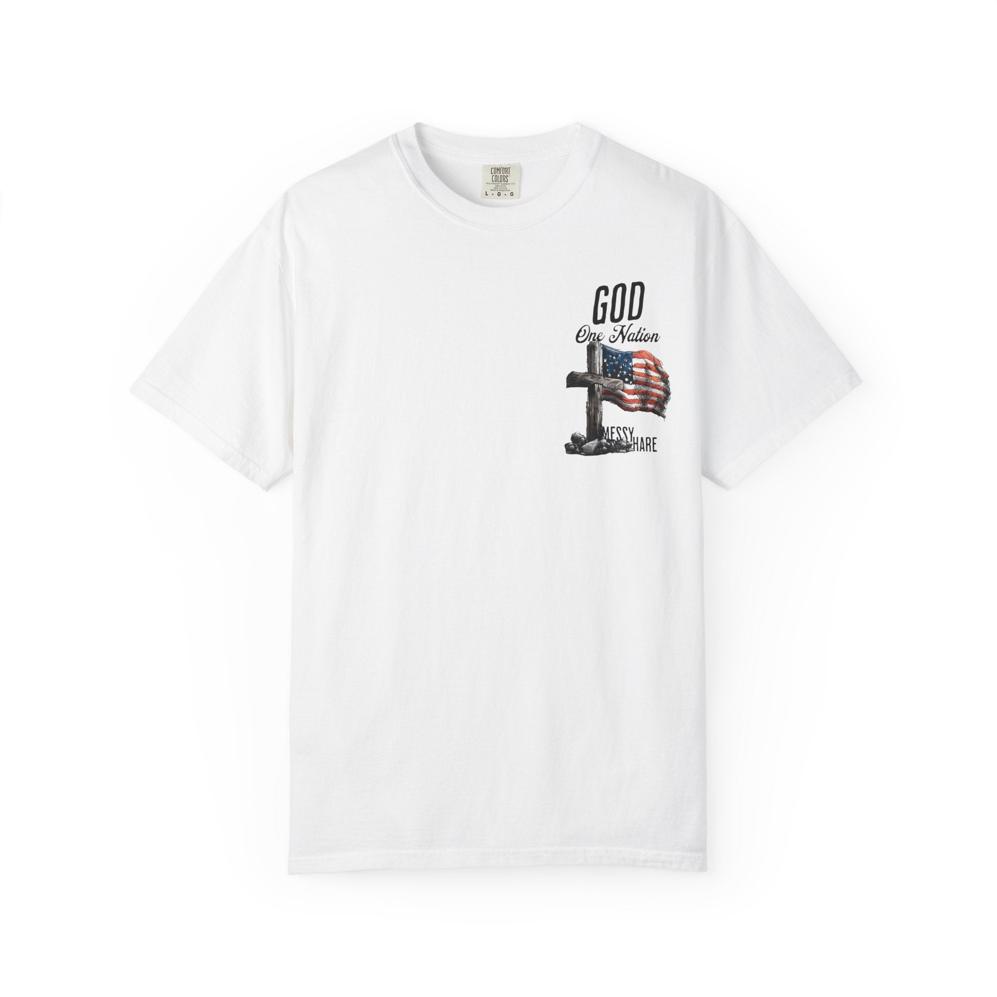 White t-shirt with graphic design on a white background