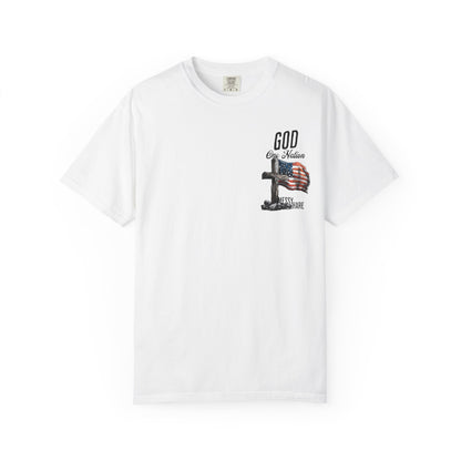 White t-shirt with graphic design on a white background