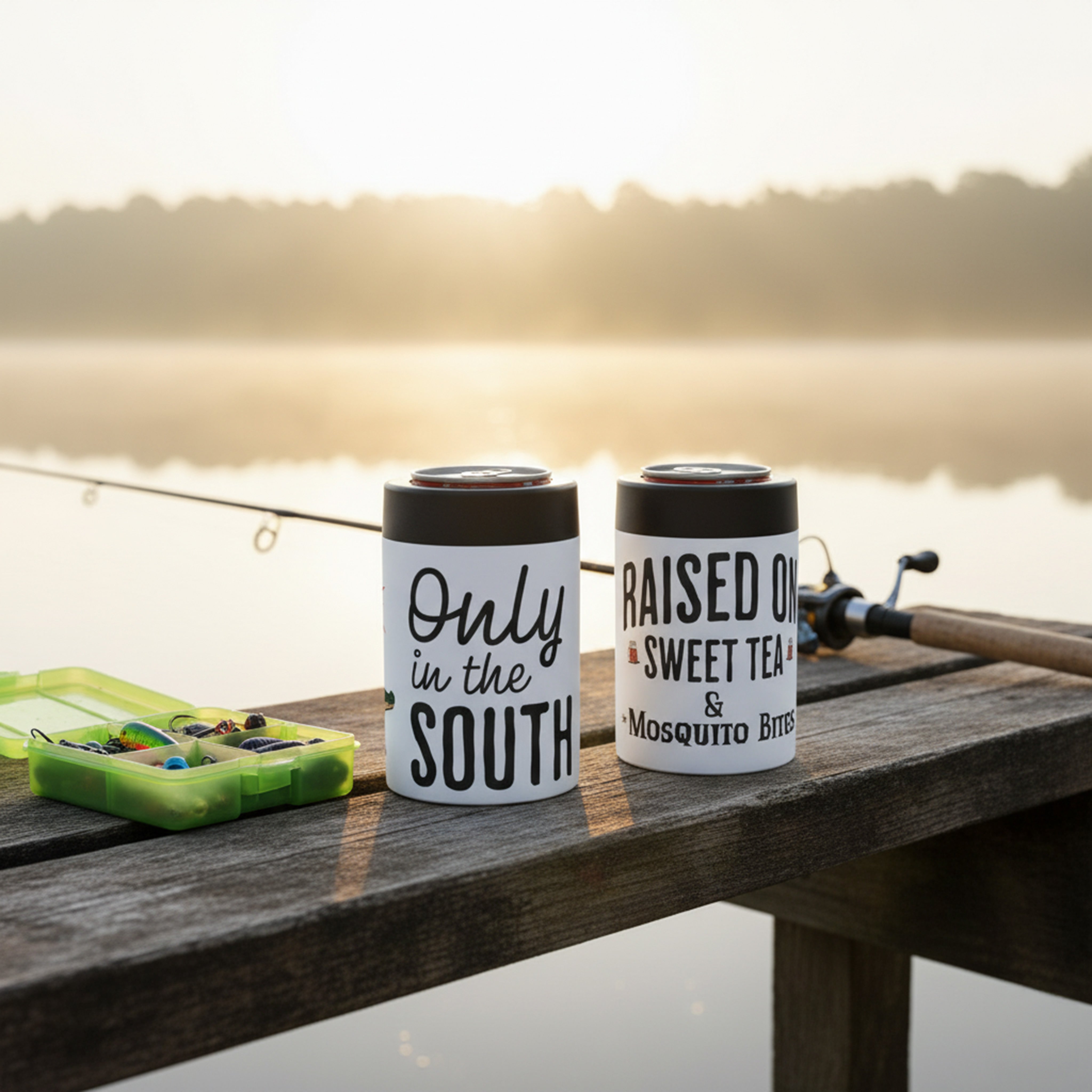 Two can holders with humorous text designs on a wooden dock by a lake.