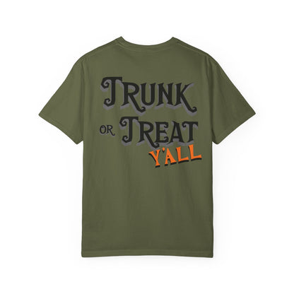 Green t-shirt with 'Trunk or Treat Y'all' text on a white background
