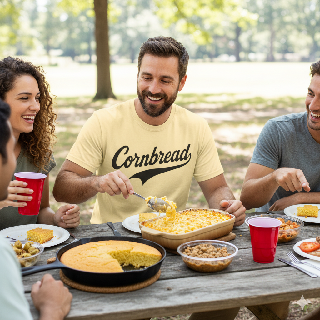 Group of people enjoying a picnic with food and drinks outdoors.