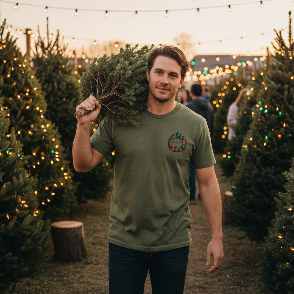 Man holding a Christmas tree in a lot with decorated trees and lights.