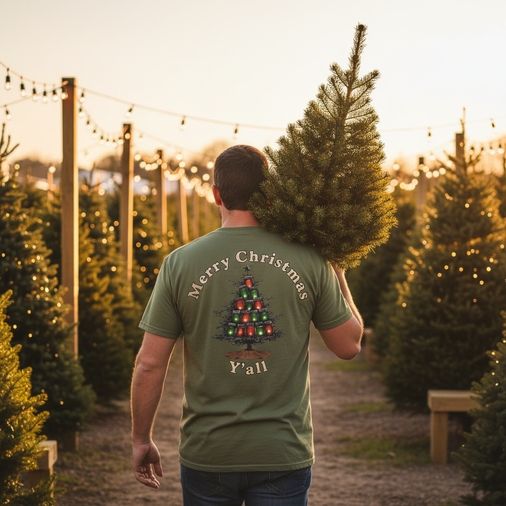 Man carrying a Christmas tree with a 'Merry Christmas Y'all' shirt in a tree lot.