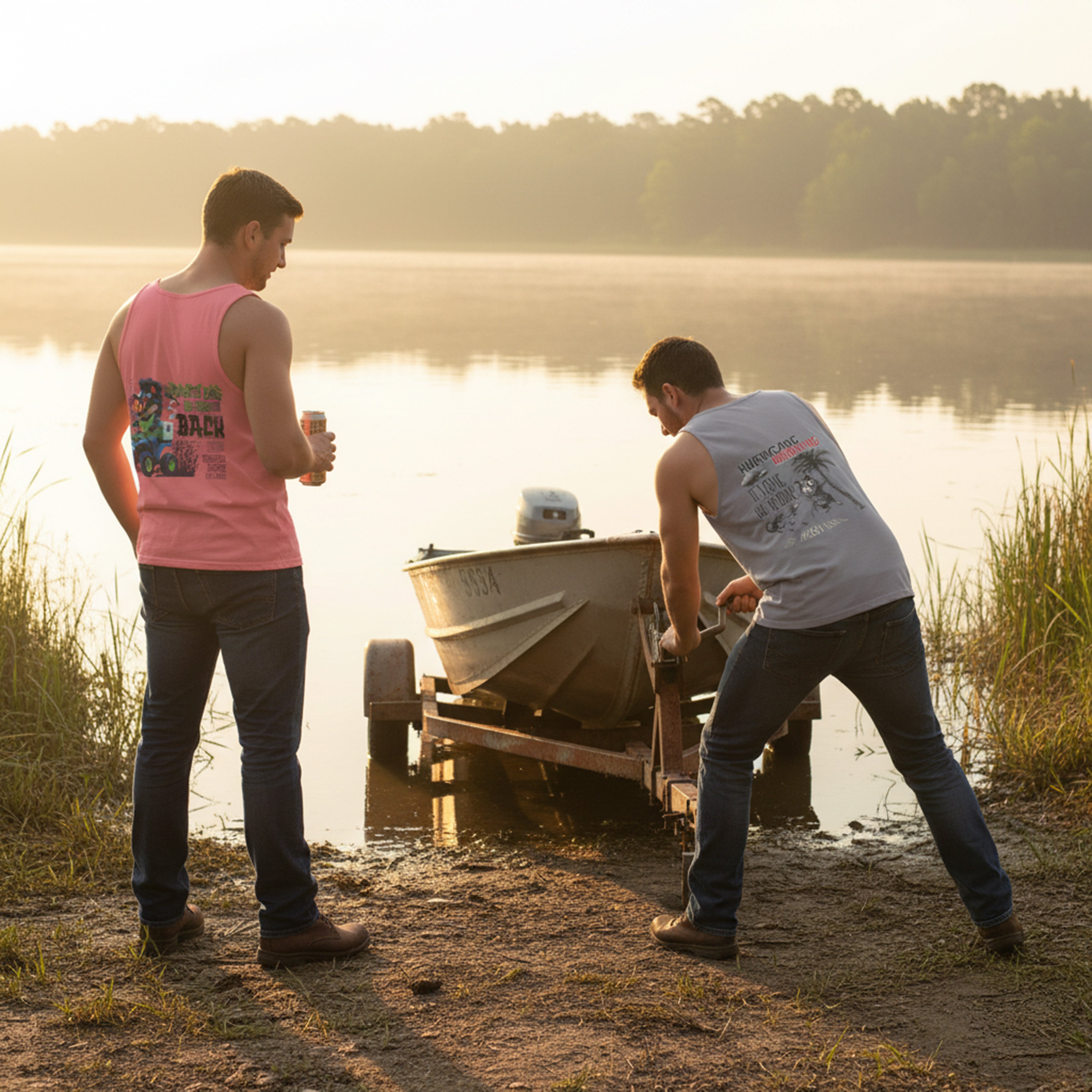 Two men by a lake with a boat on a trailer, one holding a beer.