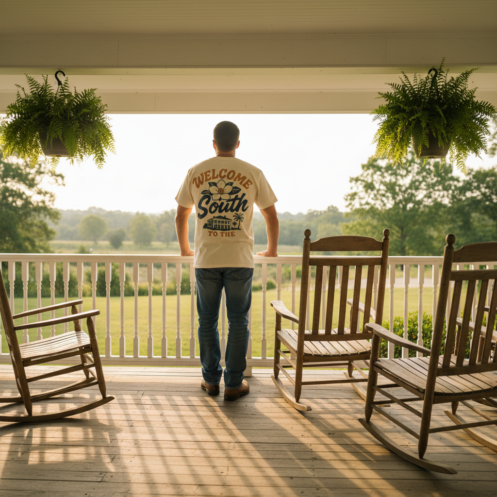 Man standing on a porch with rocking chairs and plants, wearing a 'Welcome to the South' shirt.